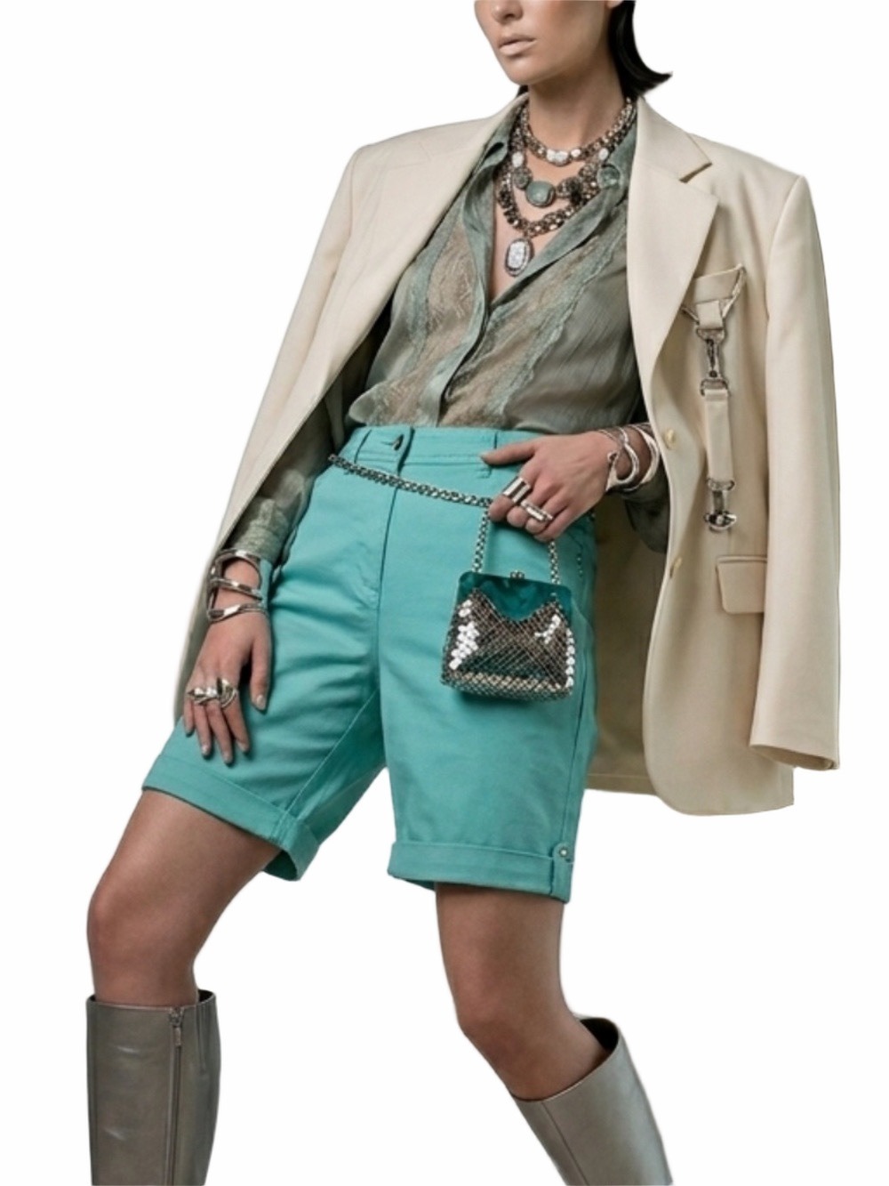 Y2K style old money teal turquoise stretch cuffed minimalist bermuda shorts 7